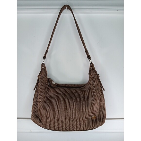 The Sak Crocheted Shoulder Bag Brown Boho Zip Close Inside Pockets EUC - Picture 1 of 9